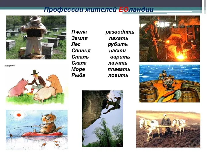 Профессии жителей ЕОландии Пчела разводить Земля пахать Лес рубить Свинья