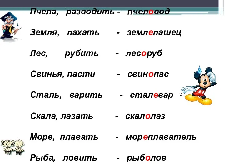 Пчела, разводить - пчеловод Земля, пахать - землепашец Лес, рубить