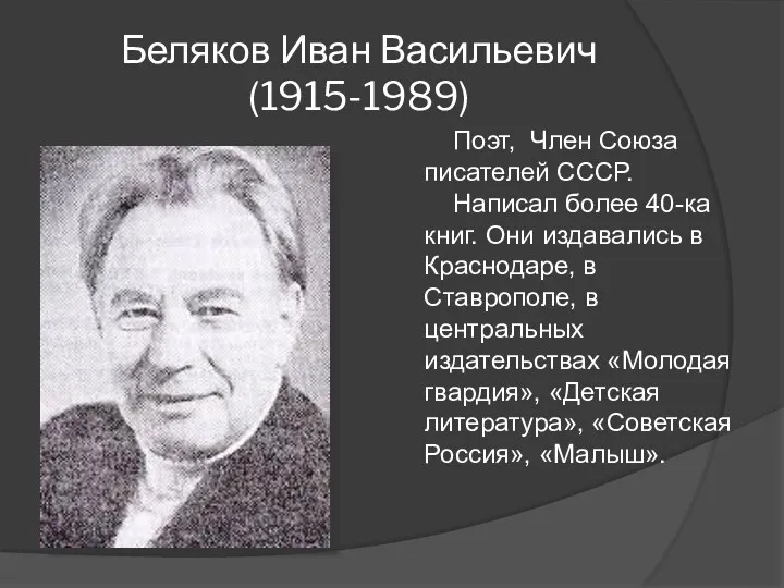 Беляков Иван Васильевич (1915-1989) Поэт, Член Союза писателей СССР. Написал