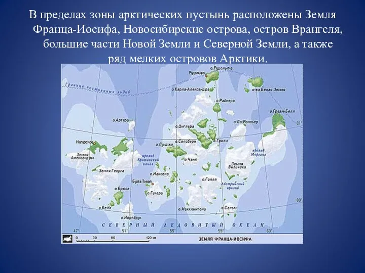В пределах зоны арктических пустынь расположены Земля Франца-Иосифа, Новосибирские острова, остров Врангеля, большие
