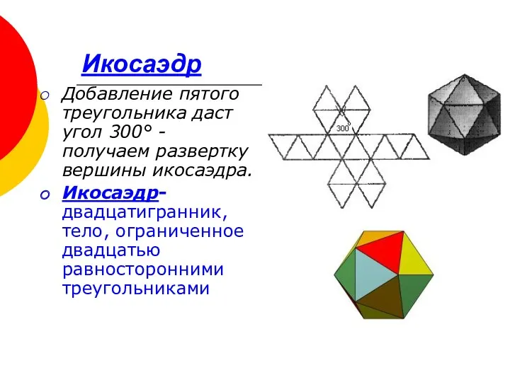 Икосаэдр Добавление пятого треугольника даст угол 300° - получаем развертку вершины икосаэдра. Икосаэдр-двадцатигранник,