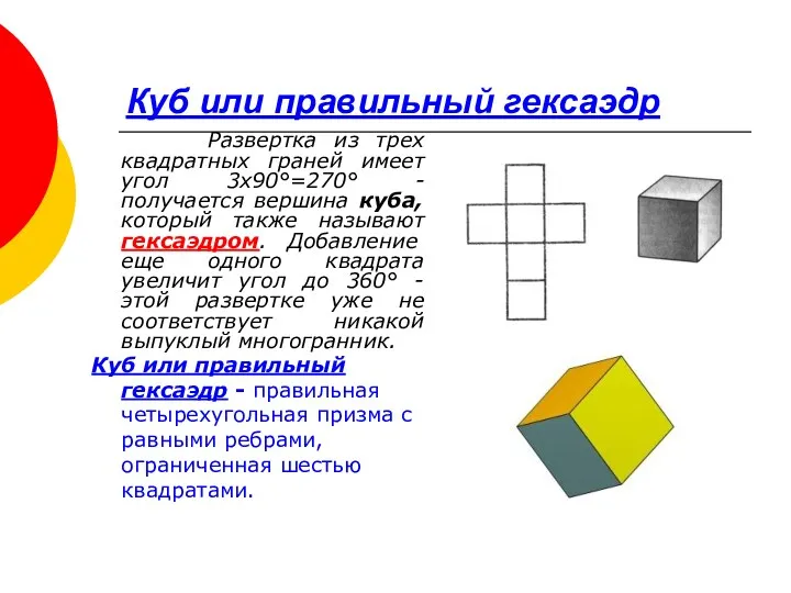 Куб или правильный гексаэдр Развертка из трех квадратных граней имеет угол 3x90°=270° -