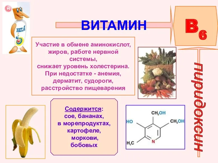 ВИТАМИН B6 пиридоксин Участие в обмене аминокислот, жиров, работе нервной системы, снижает уровень