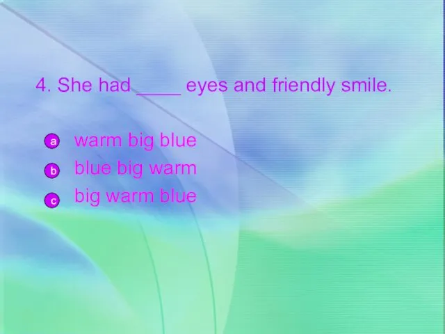 4. She had ____ eyes and friendly smile. warm big blue blue big
