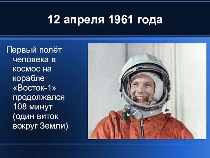 12 апреля 1961 года Первый полёт человека в космос на корабле «Восток-1» продолжался