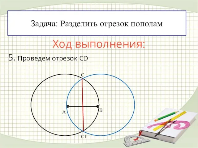 Ход выполнения: 5. Проведем отрезок СD Задача: Разделить отрезок пополам А В С С1