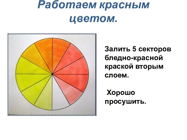 Работаем красным цветом. Залить 5 секторов бледно-красной краской вторым слоем. Хорошо просушить.