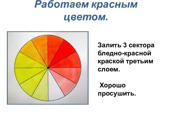 Работаем красным цветом. Залить 3 сектора бледно-красной краской третьим слоем. Хорошо просушить.