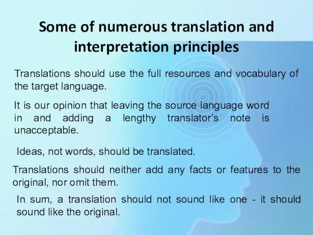 Some of numerous translation and interpretation principles Translations should use