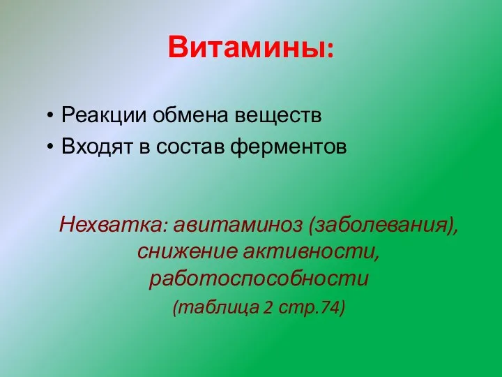 Витамины: Реакции обмена веществ Входят в состав ферментов Нехватка: авитаминоз