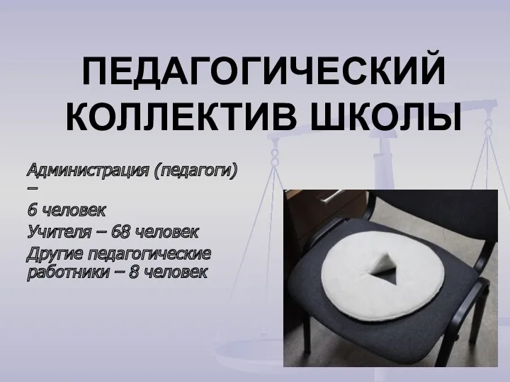 ПЕДАГОГИЧЕСКИЙ КОЛЛЕКТИВ ШКОЛЫ Администрация (педагоги) – 6 человек Учителя –