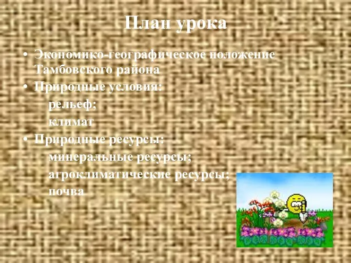 План урока Экономико-географическое положение Тамбовского района Природные условия: рельеф; климат