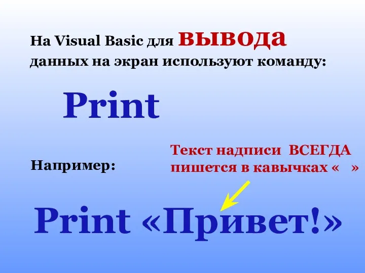 На Visual Basic для вывода данных на экран используют команду: