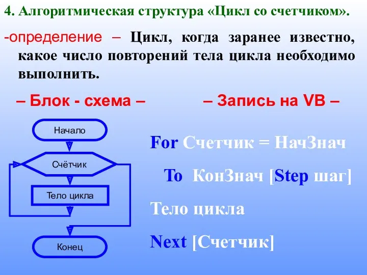 4. Алгоритмическая структура «Цикл со счетчиком». -определение – Цикл, когда