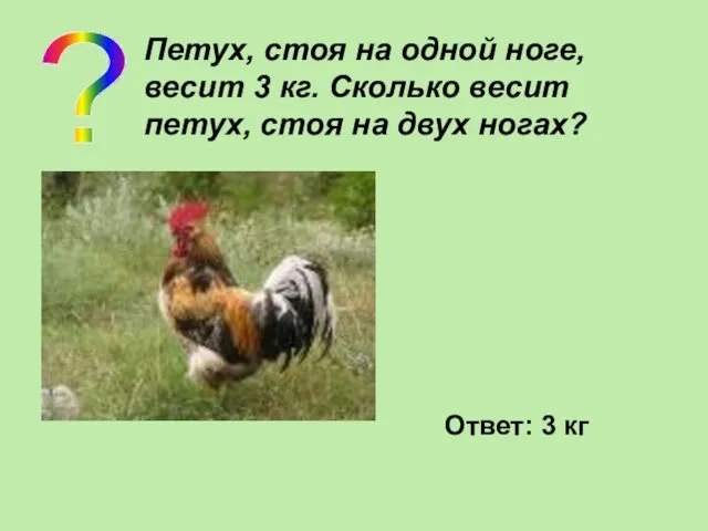 ? Петух, стоя на одной ноге, весит 3 кг. Сколько