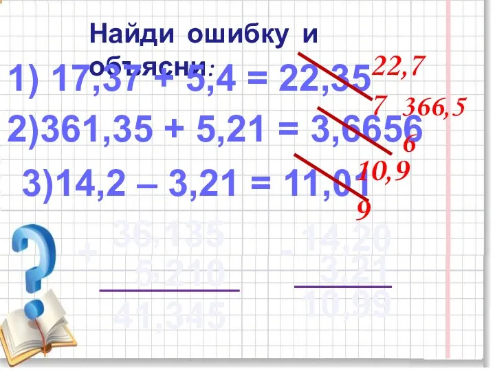 Найди ошибку и объясни: 1) 17,37 + 5,4 = 22,35