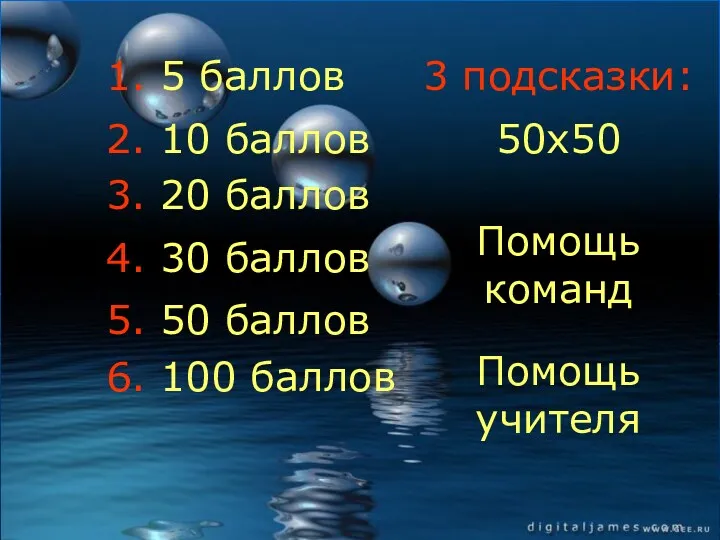 1. 5 баллов 2. 10 баллов 3. 20 баллов 4. 30 баллов 5.