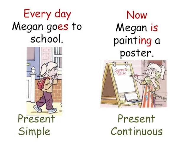 Every day Megan goes to school. Now Megan is painting a poster. Present Simple Present Continuous