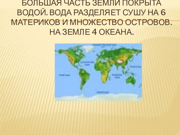 Большая часть земли покрыта водой. Вода разделяет сушу на 6 материков и множество