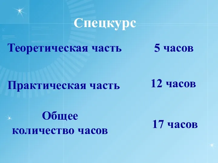 Cпецкурс Теоретическая часть 5 часов Практическая часть 12 часов Общее количество часов 17 часов