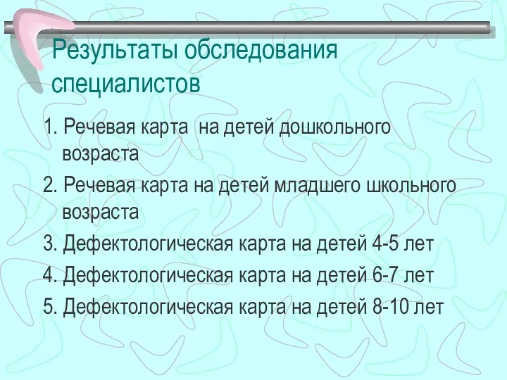 Результаты обследования специалистов 1. Речевая карта на детей дошкольного возраста