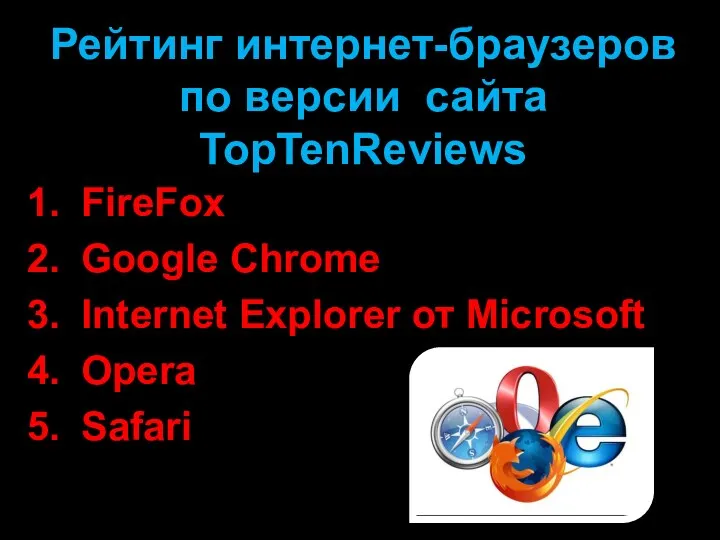Рейтинг интернет-браузеров по версии сайта TopTenReviews FireFox Google Chrome Internet Explorer от Microsoft Opera Safari