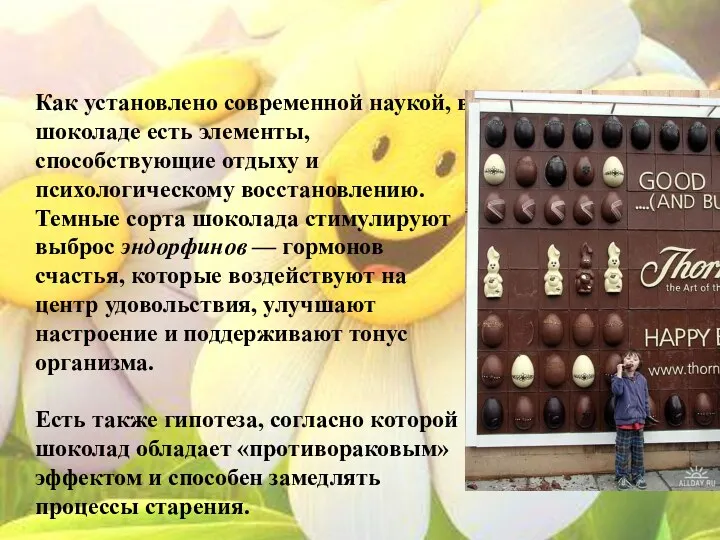 Как установлено современной наукой, в шоколаде есть элементы, способствующие отдыху