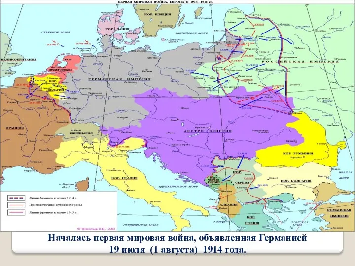 Началась первая мировая война, объявленная Германией 19 июля (1 августа) 1914 года.