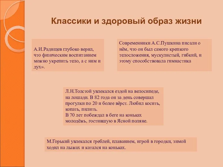 Классики и здоровый образ жизни А.И.Радищев глубоко верил, что физическим