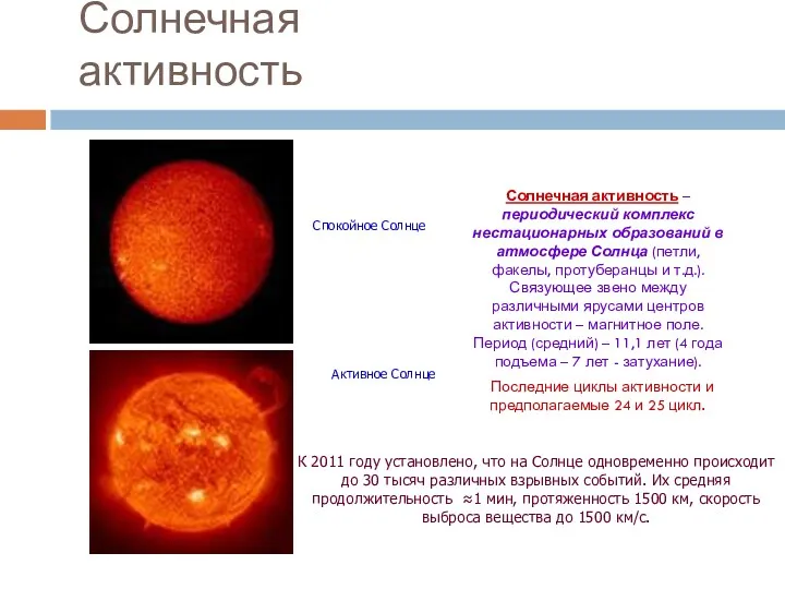 Солнечная активность Солнечная активность – периодический комплекс нестационарных образований в
