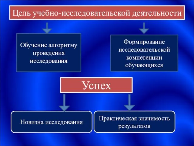 Цель учебно-исследовательской деятельности Обучение алгоритму проведения исследования Успех Новизна исследования