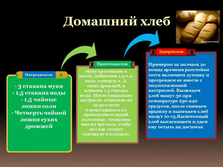 Домашний хлеб Приготовление Завершение Муку просеиваем в миску, добавляем 1,5