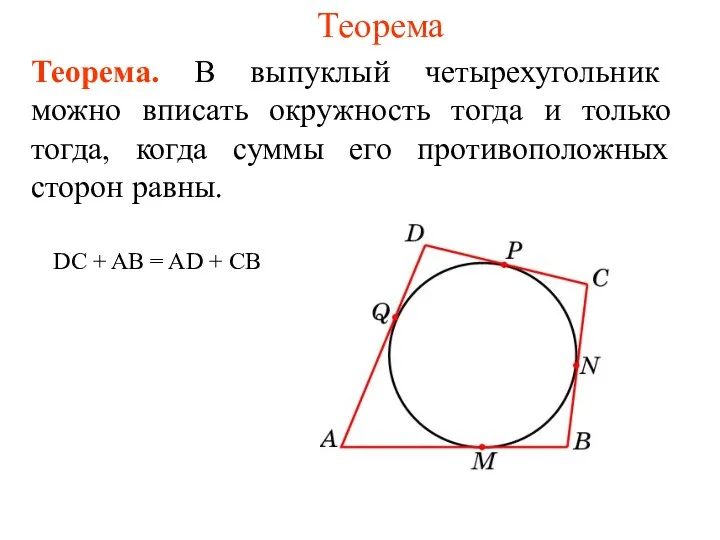Теорема Теорема. В выпуклый четырехугольник можно вписать окружность тогда и