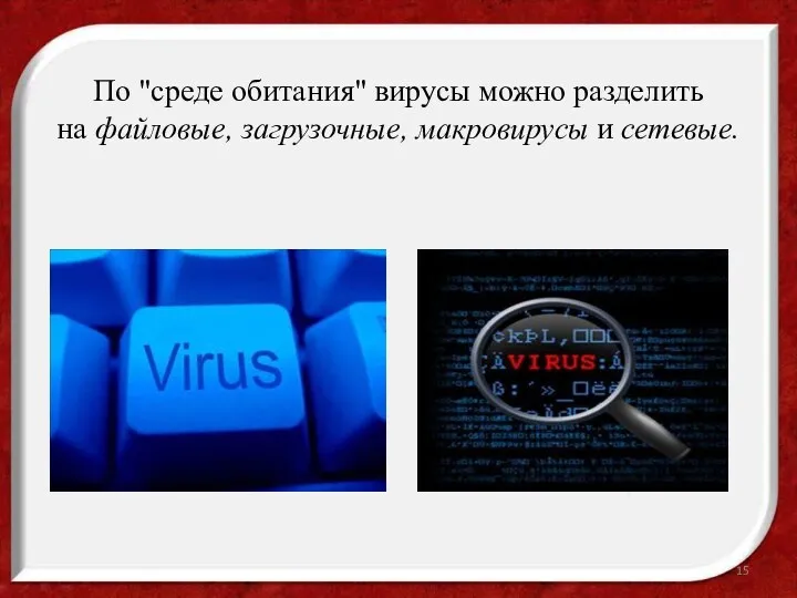 По "среде обитания" вирусы можно разделить на файловые, загрузочные, макровирусы и сетевые.