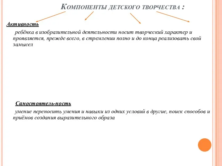 Компоненты детского творчества : Активность ребёнка в изобразительной деятельности носит творческий характер и