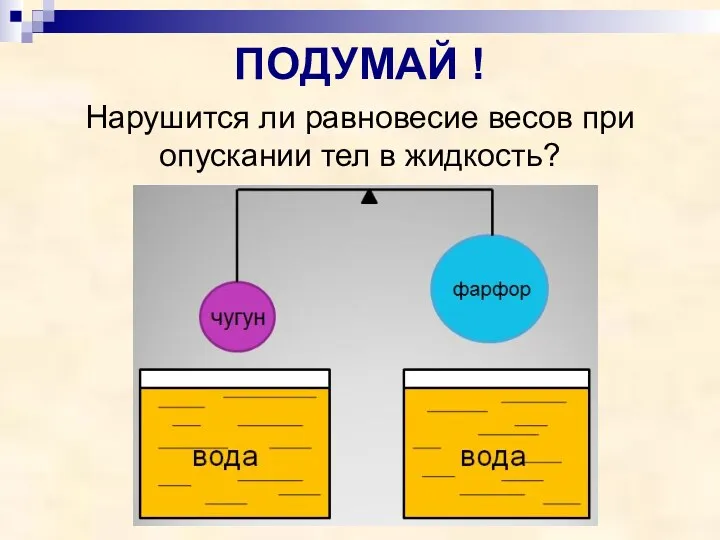 ПОДУМАЙ ! Нарушится ли равновесие весов при опускании тел в жидкость?