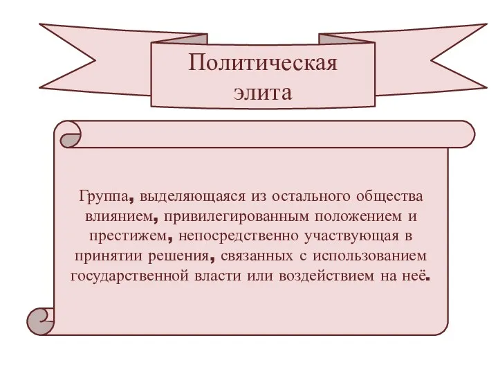 Политическая элита Группа, выделяющаяся из остального общества влиянием, привилегированным положением