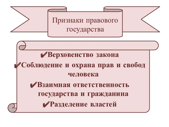 Признаки правового государства Верховенство закона Соблюдение и охрана прав и