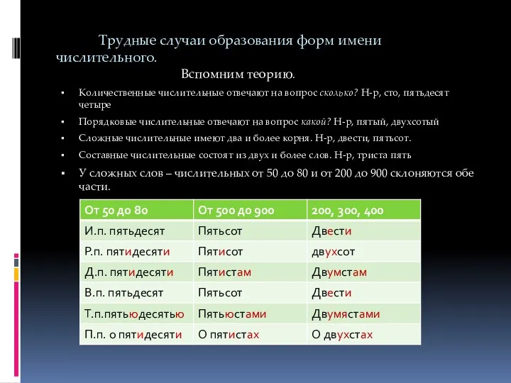 Трудные случаи образования форм имени числительного. Вспомним теорию. Количественные числительные