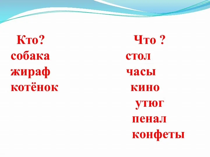 Кто? Что ? собака стол жираф часы котёнок кино утюг пенал конфеты