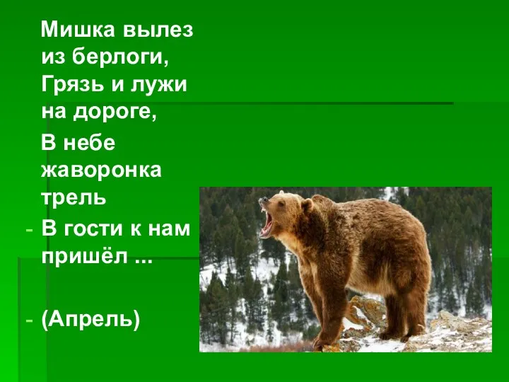 Мишка вылез из берлоги, Грязь и лужи на дороге, В небе жаворонка трель