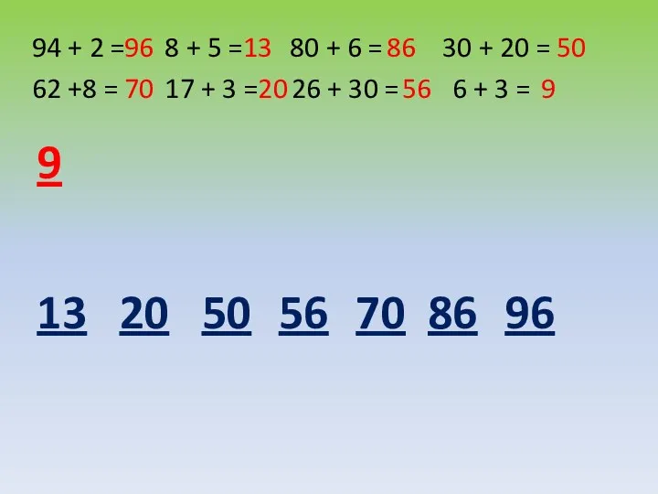 94 + 2 = 8 + 5 = 80 +