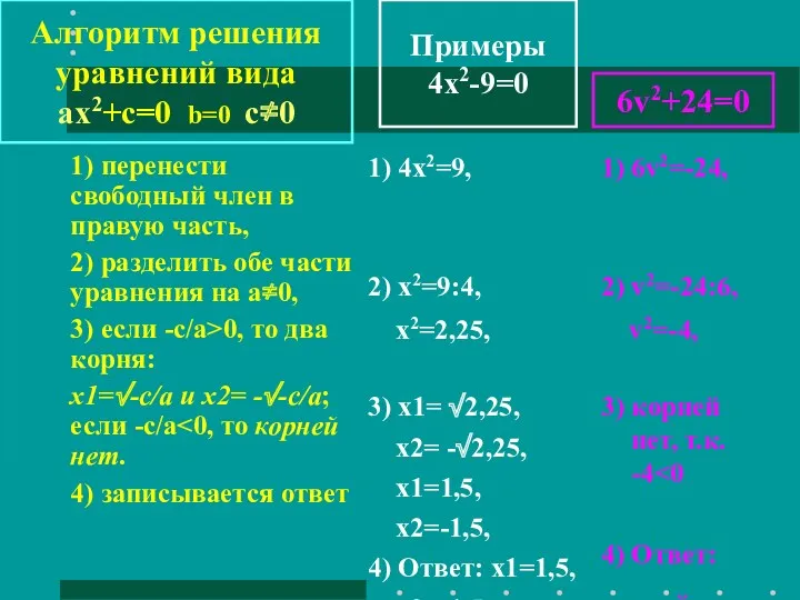 Примеры 4x2-9=0 1) перенести свободный член в правую часть, 2)