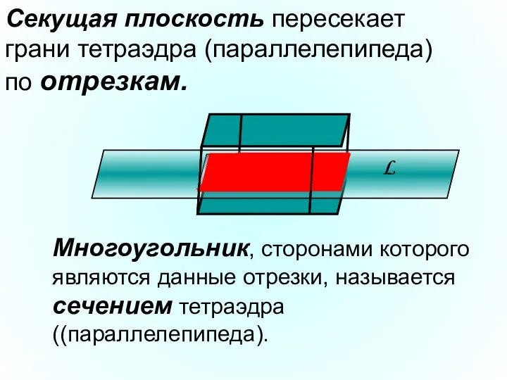 Секущая плоскость пересекает грани тетраэдра (параллелепипеда) по отрезкам. Многоугольник, сторонами которого являются данные
