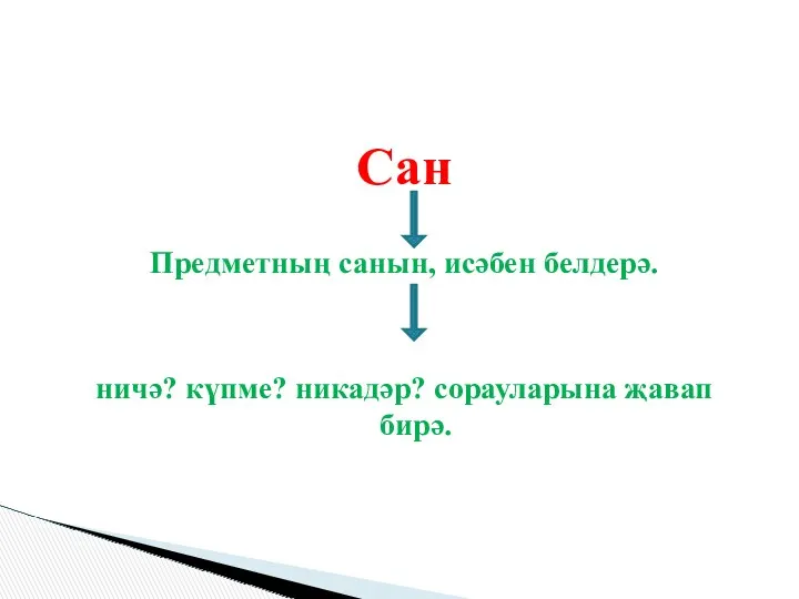 Сан Предметның санын, исәбен белдерә. ничә? күпме? никадәр? сорауларына җавап бирә.