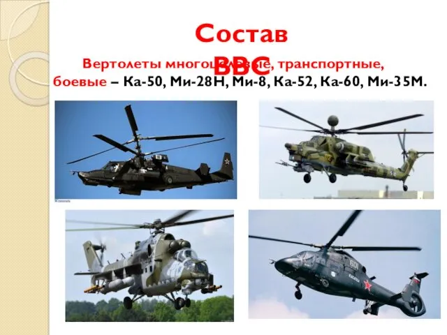Вертолеты многоцелевые, транспортные, боевые – Ка-50, Ми-28Н, Ми-8, Ка-52, Ка-60, Ми-35М. Состав ВВС