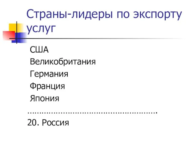 Страны-лидеры по экспорту услуг США Великобритания Германия Франция Япония ………………………………………………. 20. Россия