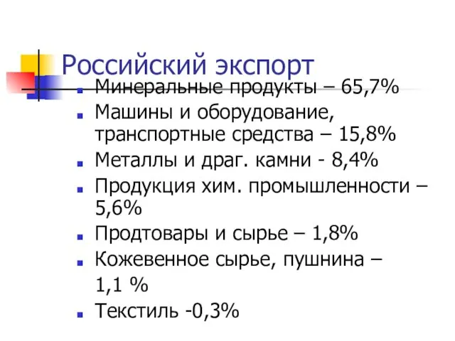 Российский экспорт Минеральные продукты – 65,7% Машины и оборудование, транспортные