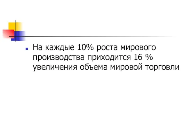 На каждые 10% роста мирового производства приходится 16 % увеличения объема мировой торговли