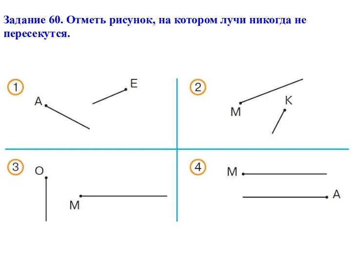 Задание 60. Отметь рисунок, на котором лучи никогда не пересекутся.